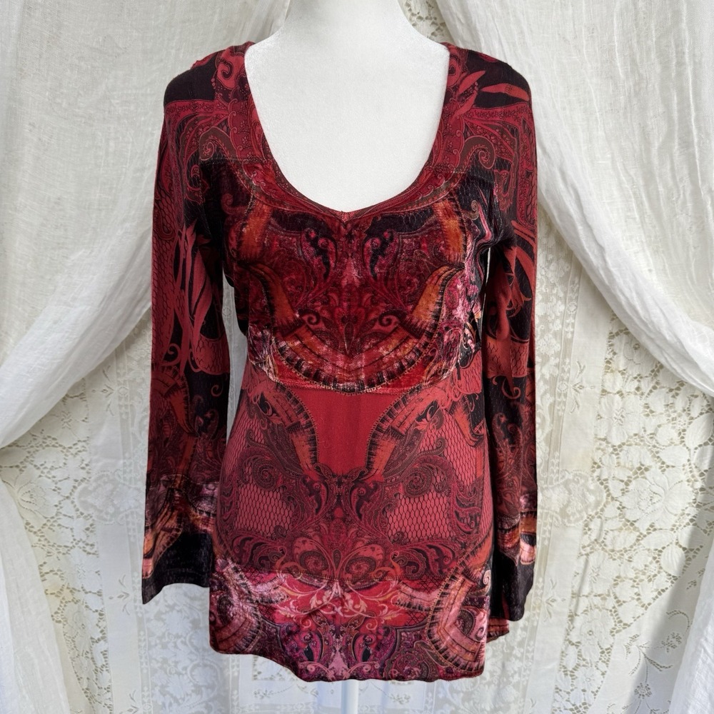 Red Velvet Whimsigoth Top S Y2K Indie Sleaze Fairy Grunge 90s Boho V-Neck Long